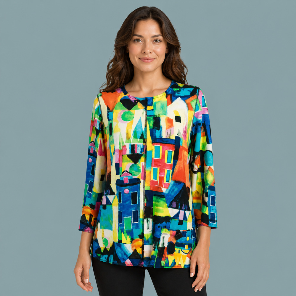 Ali Miles Size Medium M Colorful Print Scoop 3/4 Sleeve Artsy Knit Tunic Top